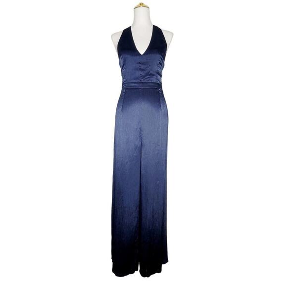 Sugar Lips Sz Large Navy Blue Textured Pleated Satin Wide Leg Tailored Jumpsuit - Picture 2 of 8